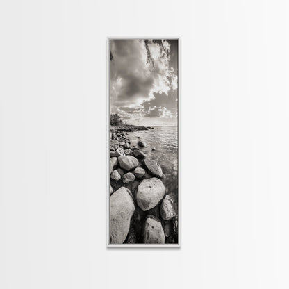 Sunrise Shore, Tranquil Coast, Pebble Beach, Golden Glow, Framed Canvas Print Fall Wall Art, Landscape Living Room Decor, Minimalist Aesthetic