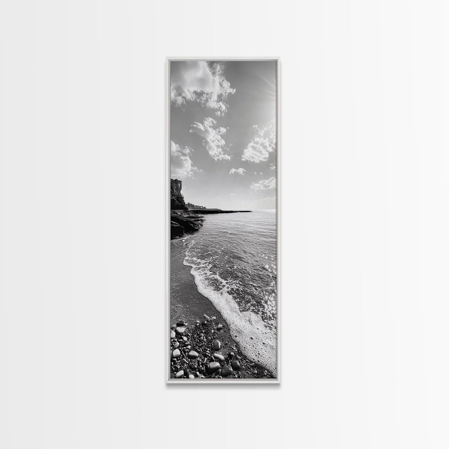 Coastal Shoreline, Pebble Beach, Ocean Breeze, Canvas Print, Bathroom Wall Art, Minimalist Decor, Black White Photography, Seaside Vibe