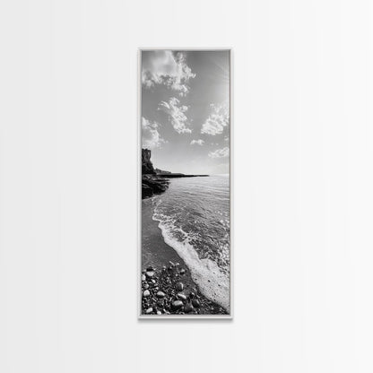 Coastal Shoreline, Pebble Beach, Ocean Breeze, Canvas Print, Bathroom Wall Art, Minimalist Decor, Black White Photography, Seaside Vibe
