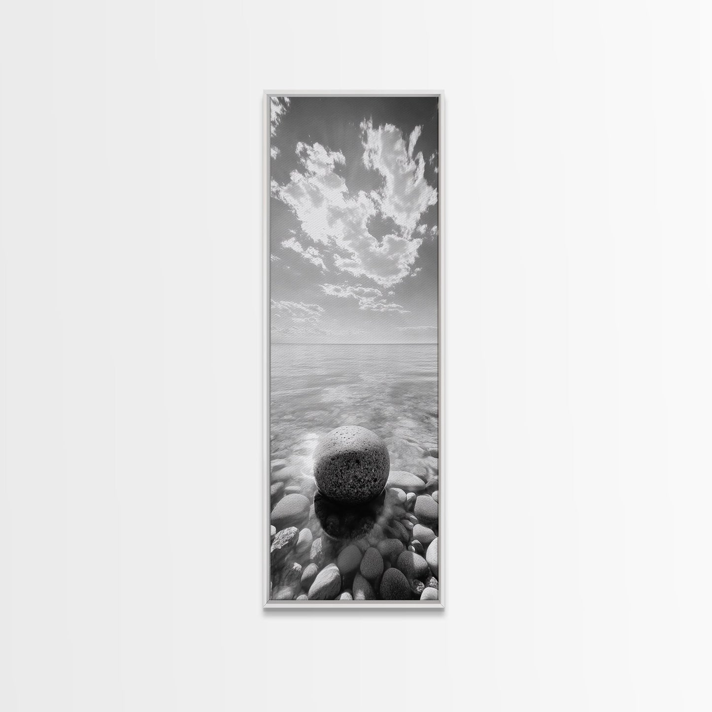 Zen Stone, Calm Waters, Smooth Pebbles, Framed Canvas Print, Spa Wall Art, Minimalist Bathroom Decor, Tranquil Home Accent