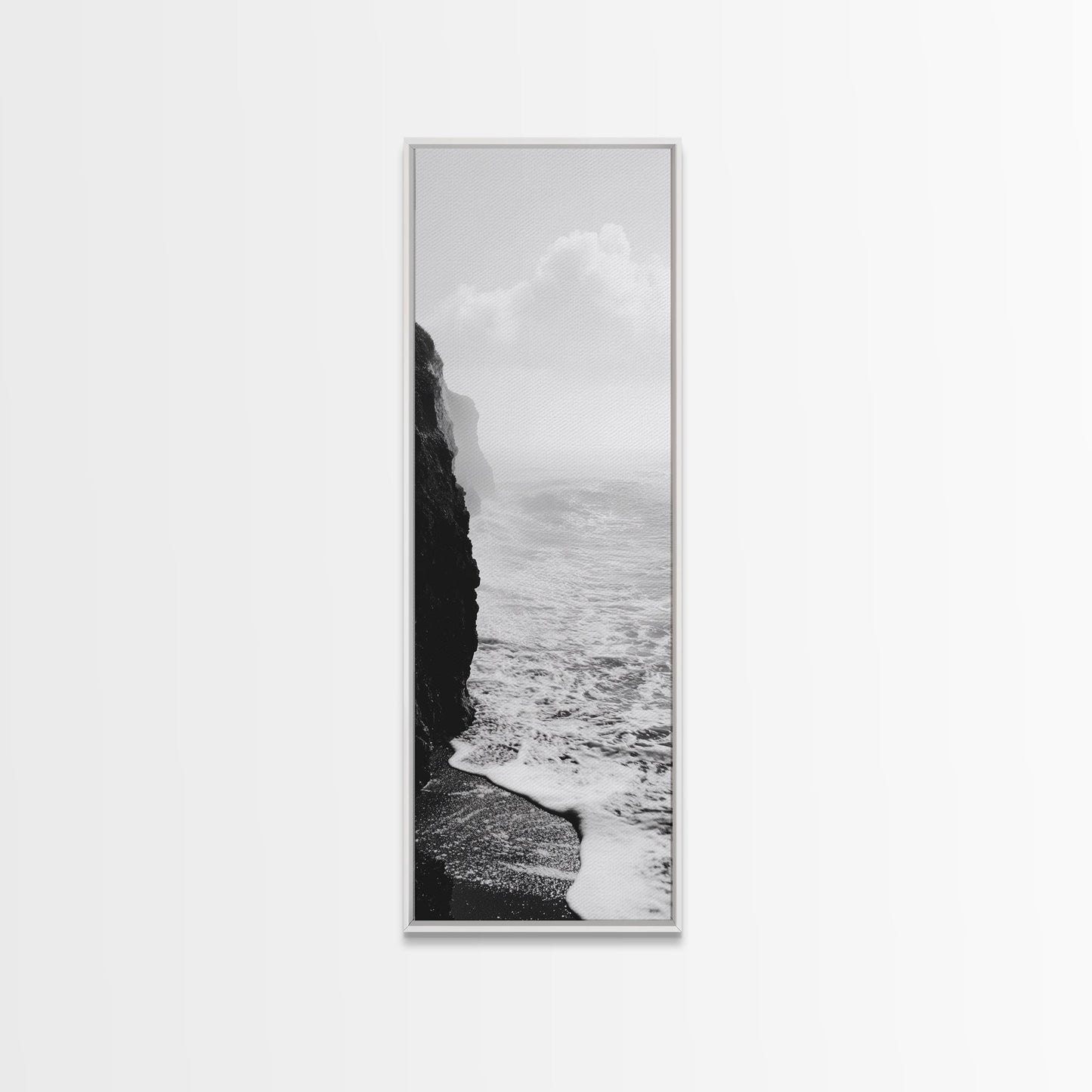Coastal Cliff, Ocean Waves, Monochrome Seascape, Framed Canvas Print, Minimalist Ocean Art, Bathroom Decor, Nautical Wall Art
