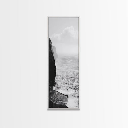 Coastal Cliff, Ocean Waves, Monochrome Seascape, Framed Canvas Print, Minimalist Ocean Art, Bathroom Decor, Nautical Wall Art