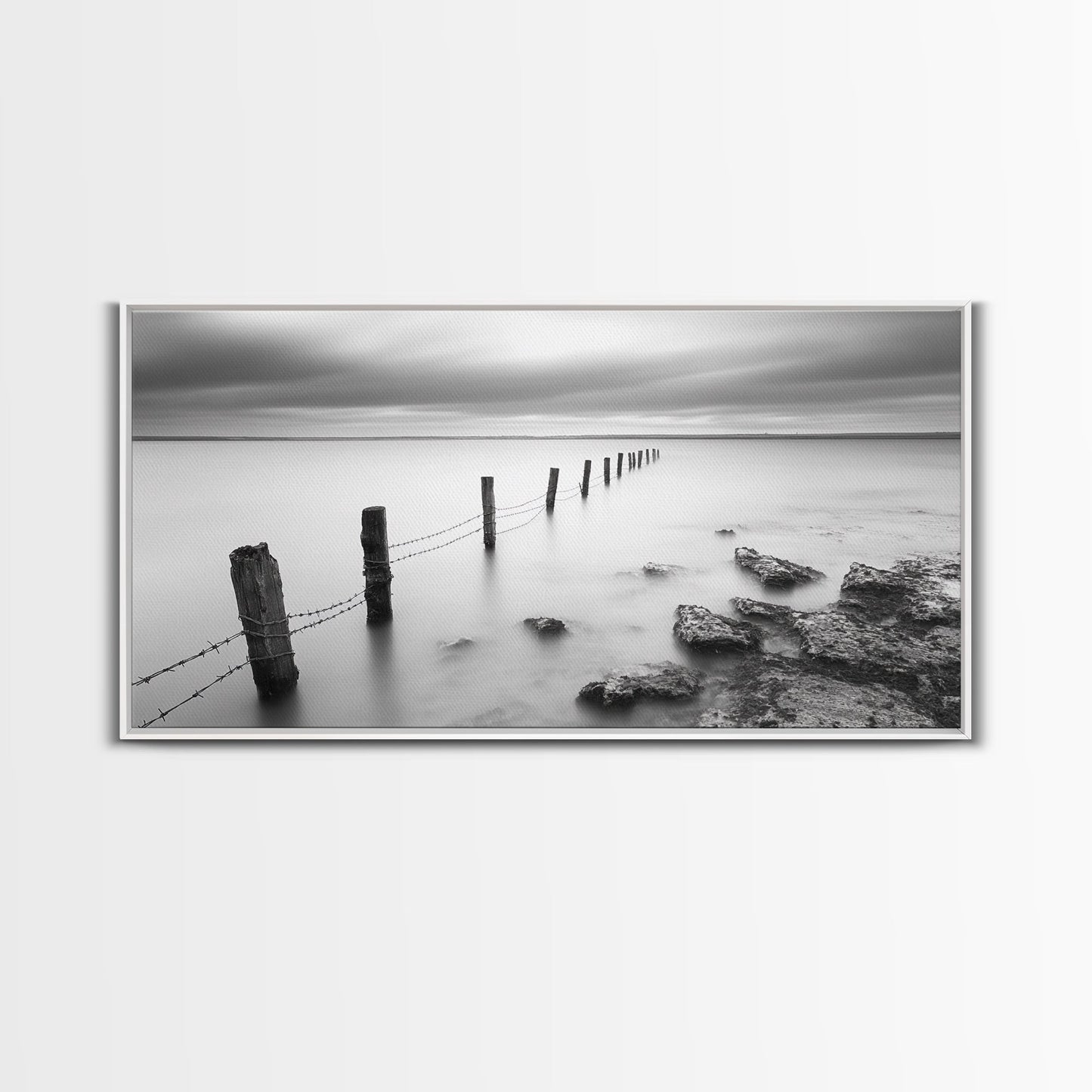 Coastal Fence Line, Tranquil Ocean Scene, Soft Minimalist Photo, Framed Canvas Print, Bathroom or Hallway Wall Art, Zen Vibes