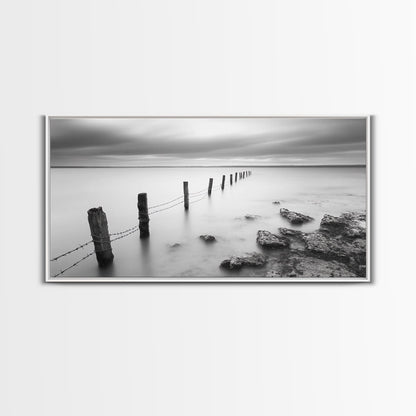 Coastal Fence Line, Tranquil Ocean Scene, Soft Minimalist Photo, Framed Canvas Print, Bathroom or Hallway Wall Art, Zen Vibes