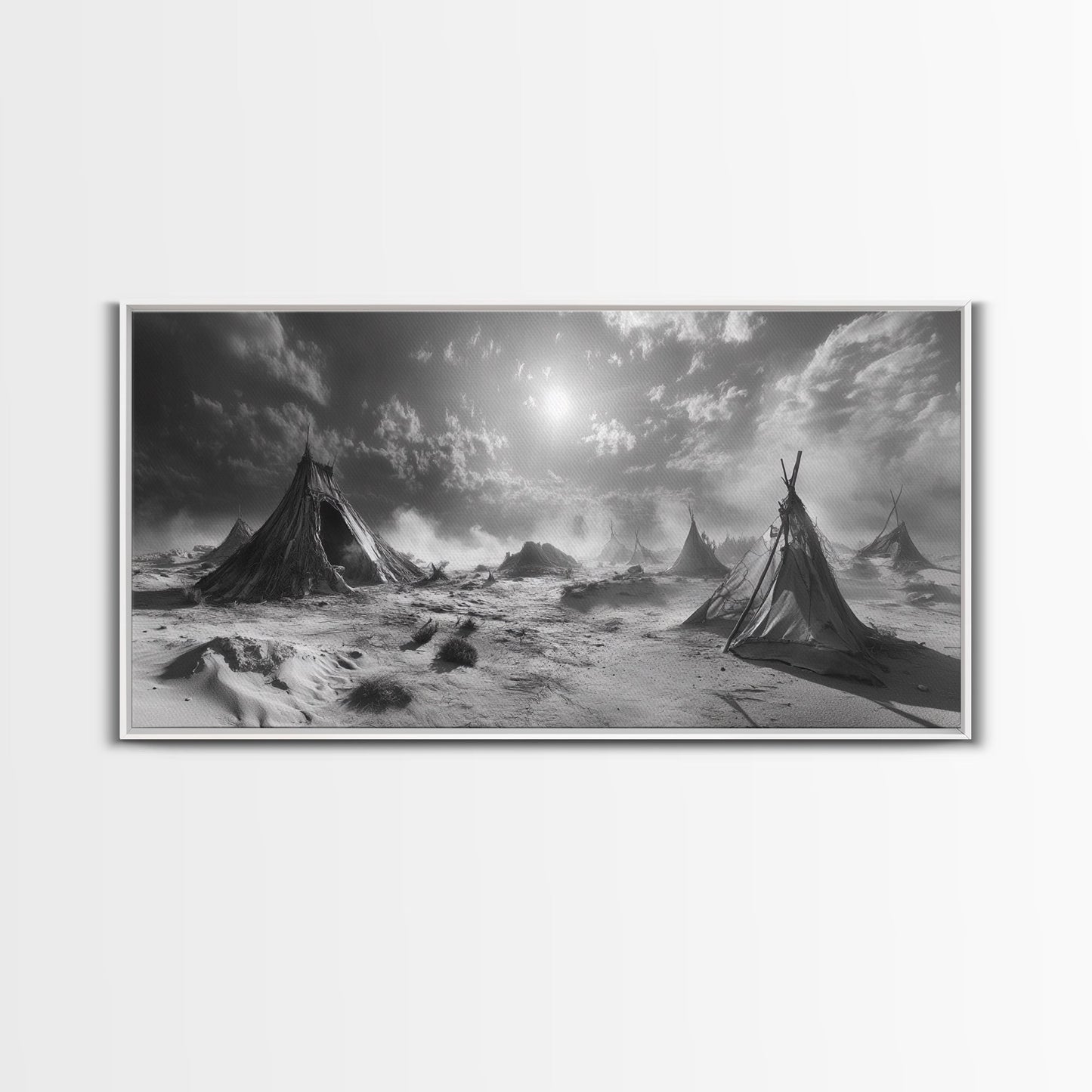 Wüstenzeltszene, surreale Stammeslandschaft, Zelte unter stürmischem Himmel, Leinwanddruck, Wandbild fürs Wohnzimmer, Boho-Nomaden-Ästhetik, Wandbild fürs Wohnzimmer