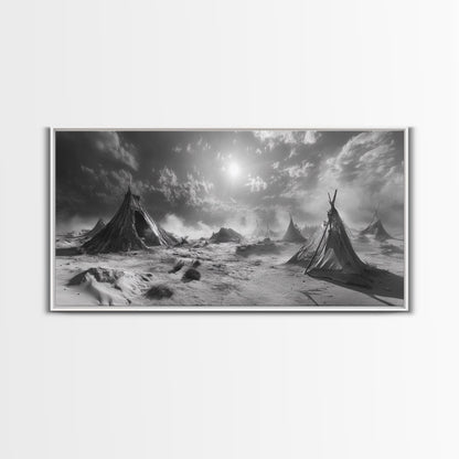 Wüstenzeltszene, surreale Stammeslandschaft, Zelte unter stürmischem Himmel, Leinwanddruck, Wandbild fürs Wohnzimmer, Boho-Nomaden-Ästhetik, Wandbild fürs Wohnzimmer