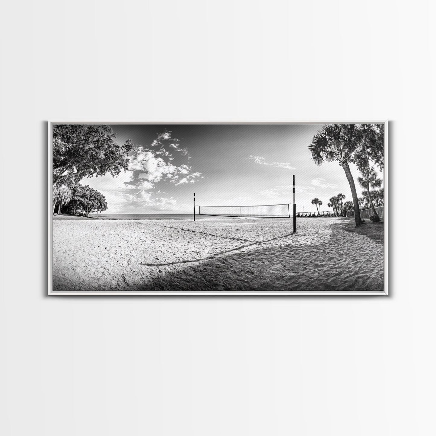 Volleyball Net, Coastal Leisure Scene, Bright Beach Vibe, Framed Canvas Print, Game Room Wall Art, Sporty Summer Beach Style
