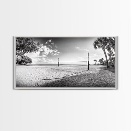 Volleyball Net, Coastal Leisure Scene, Bright Beach Vibe, Framed Canvas Print, Game Room Wall Art, Sporty Summer Beach Style