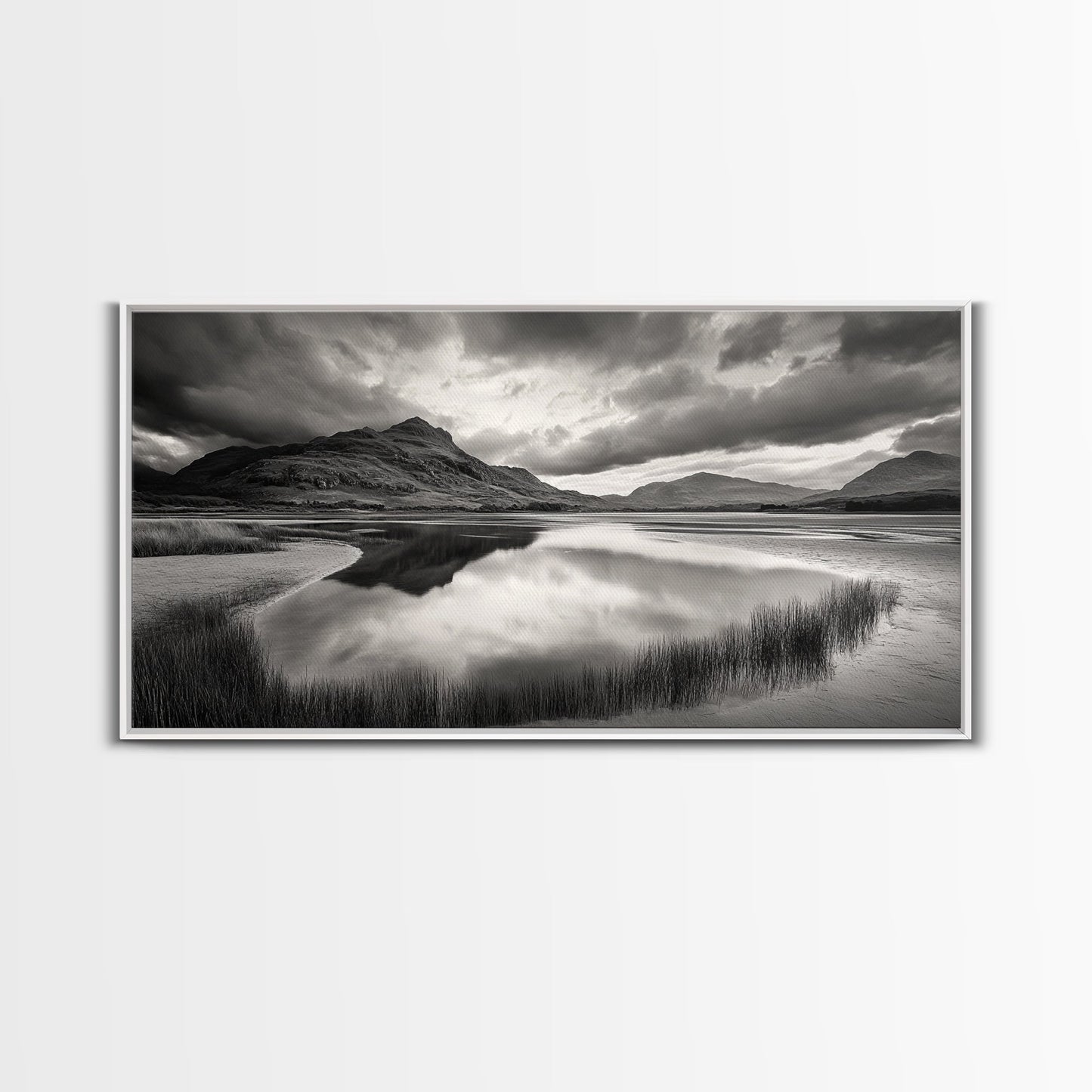 Reflected Mountains, Serene Shore, Cloudy Sky, Lake View, Canvas Print, Bedroom Wall Art, Minimalist Landscape Art, Tranquil Decor