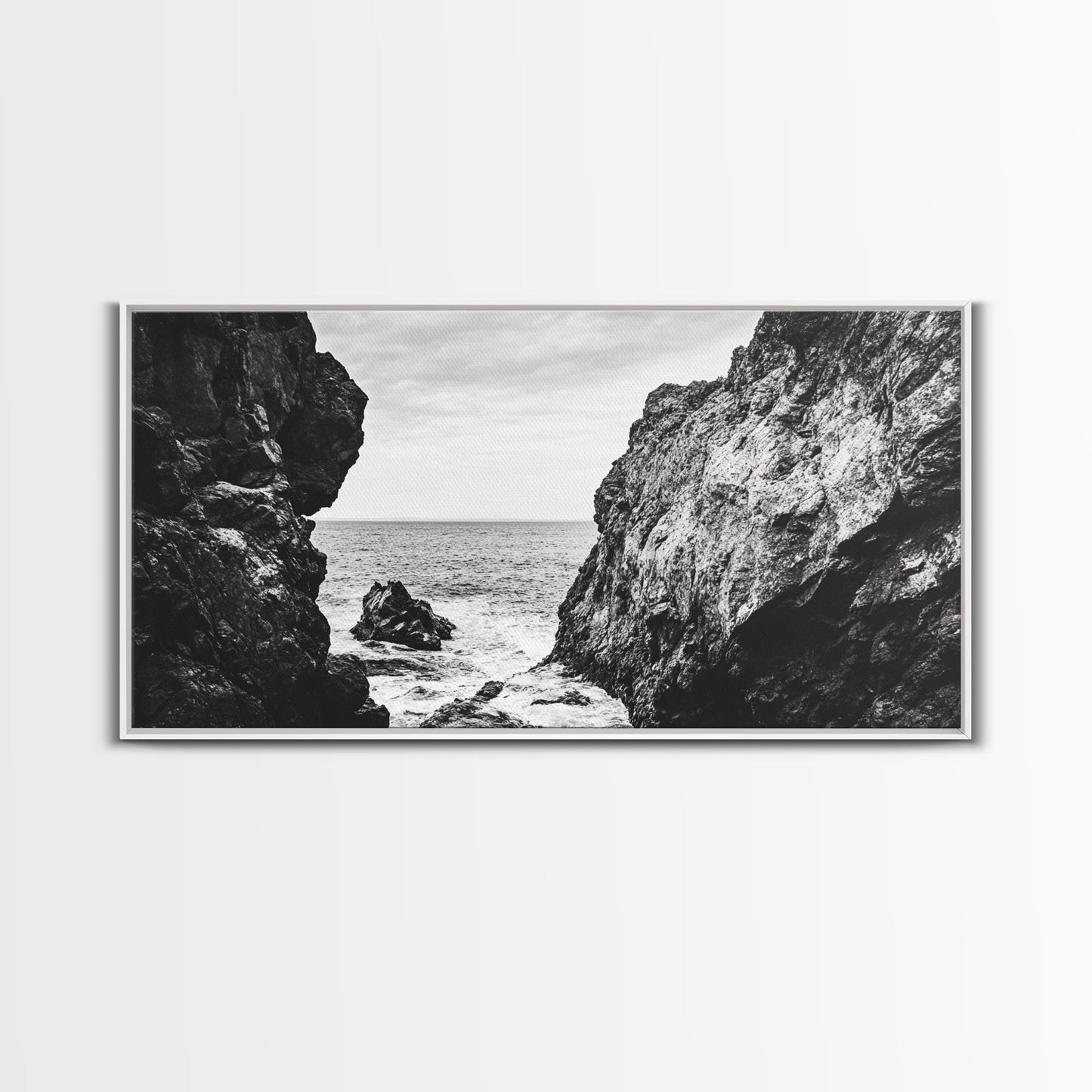 Rocky Coast View, Ocean Cliffs Art, Coastal Wilderness, Monochrome Seascape, Canvas Print, Bathroom Wall Art, Rustic Minimalist Style