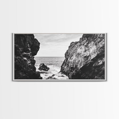 Rocky Coast View, Ocean Cliffs Art, Coastal Wilderness, Monochrome Seascape, Canvas Print, Bathroom Wall Art, Rustic Minimalist Style