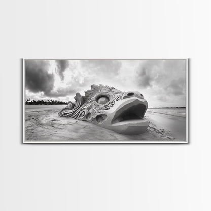 Dragon Head Sculpture, Beach Sand Art, Mythical Creature Decor, Fantasy Vibes, Framed Canvas Print, Game Room Wall Art, Office Wall Art