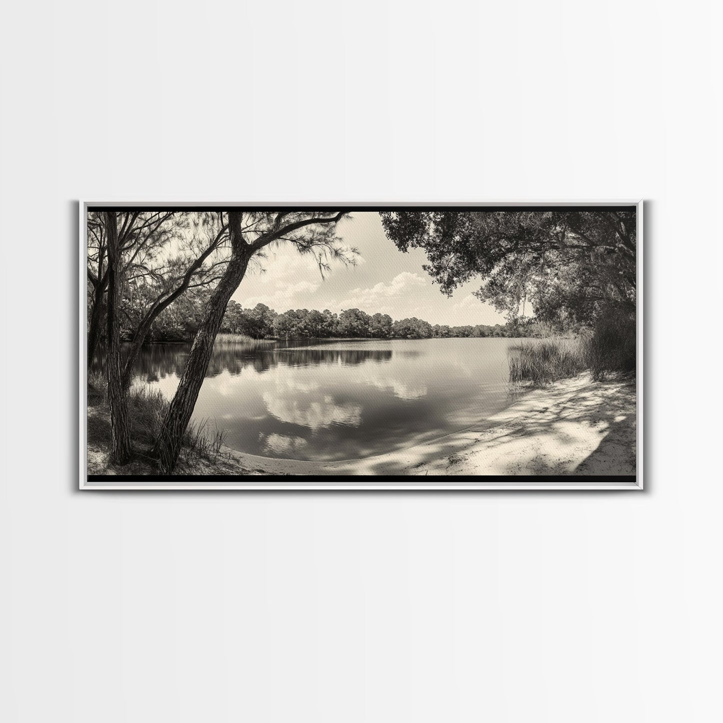 Tranquil Lake View, Peaceful Reflection Water, Nature Shoreline Print, Canvas Print, Entryway Wall Art, Rustic Neutral Decor, Rustic Bedroom Print