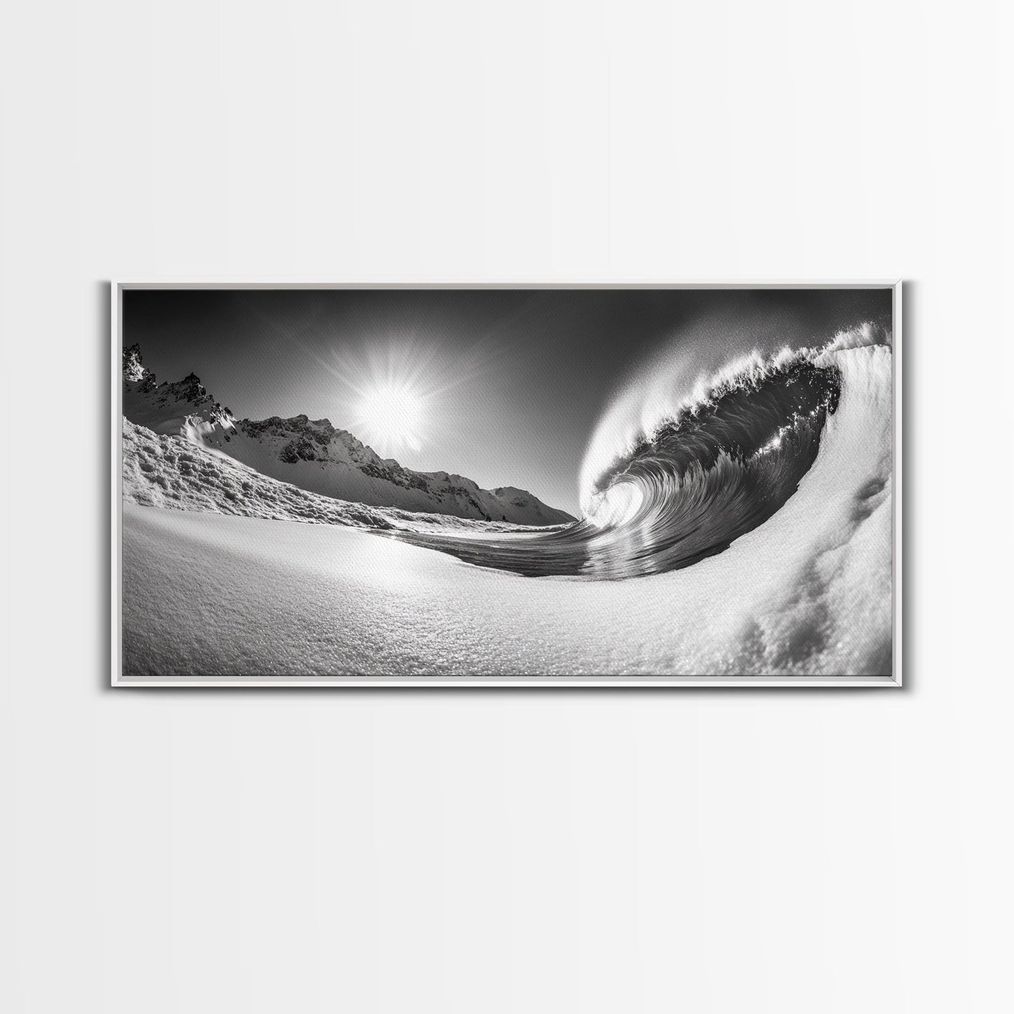 Arctic Wave Motion, Snowy Surf Curl, Mountain Sun Scene, Nature Energy Art, Canvas Print, Living Room Wall Art, Winter Adventure Decor