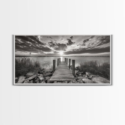 Rustic Dock Sunset, Lakehouse Art, Black White Landscape, Framed Canvas Print, Country Home Decor, Cabin Wall Art, Lakeside Tranquility