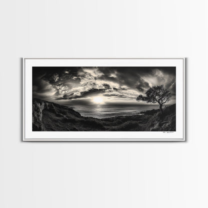 Dramatischer Sonnenuntergang über dem Meer, Küstenbaum, monochrome Landschaft, Leinwanddruck, Wandbild fürs Wohnzimmer, surreale Naturansicht, Meeresblick-Druck
