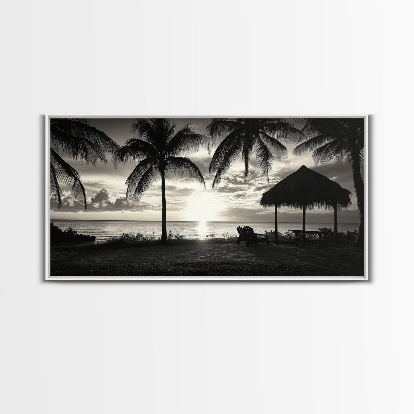 Palm Trees, Beach Sunset, Ocean View, Tiki Hut, Framed Canvas Print, tropical wall art, beach house decor, living room boho art