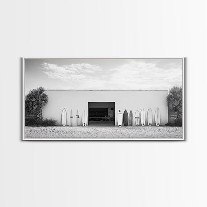 Surfboards, Beach Garage, Modern Coastal, Ocean Style, Framed Canvas Print, surf shack decor, teen room wall art, minimalist beach art