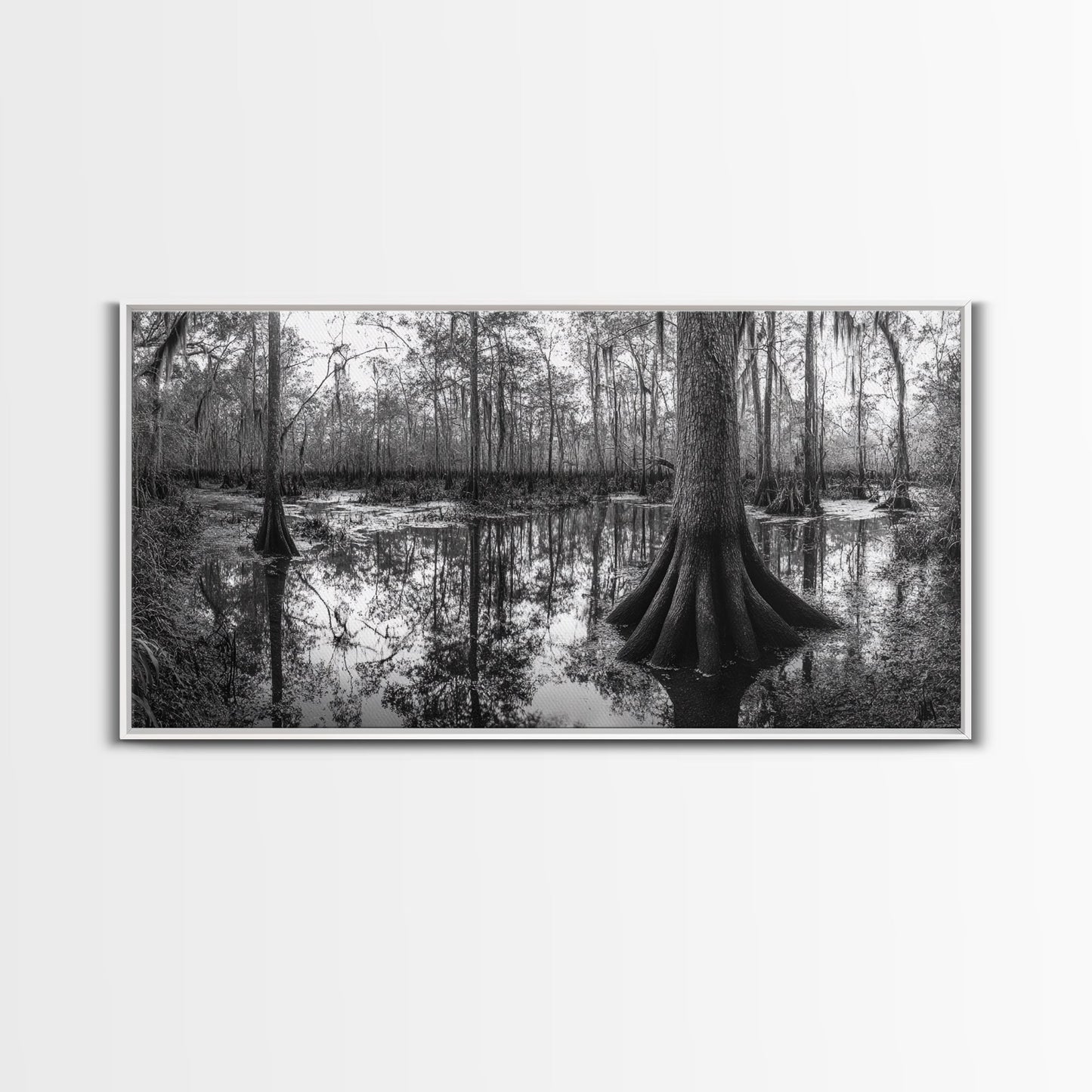 Sumpfbäume, Zypressenwasser, Naturspiegelungen, Marschlandschaft, gerahmter Leinwanddruck, rustikale Hüttendekoration, Wandbild für den Flur, Waldmotiv