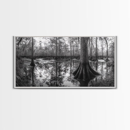 Sumpfbäume, Zypressenwasser, Naturspiegelungen, Marschlandschaft, gerahmter Leinwanddruck, rustikale Hüttendekoration, Wandbild für den Flur, Waldmotiv