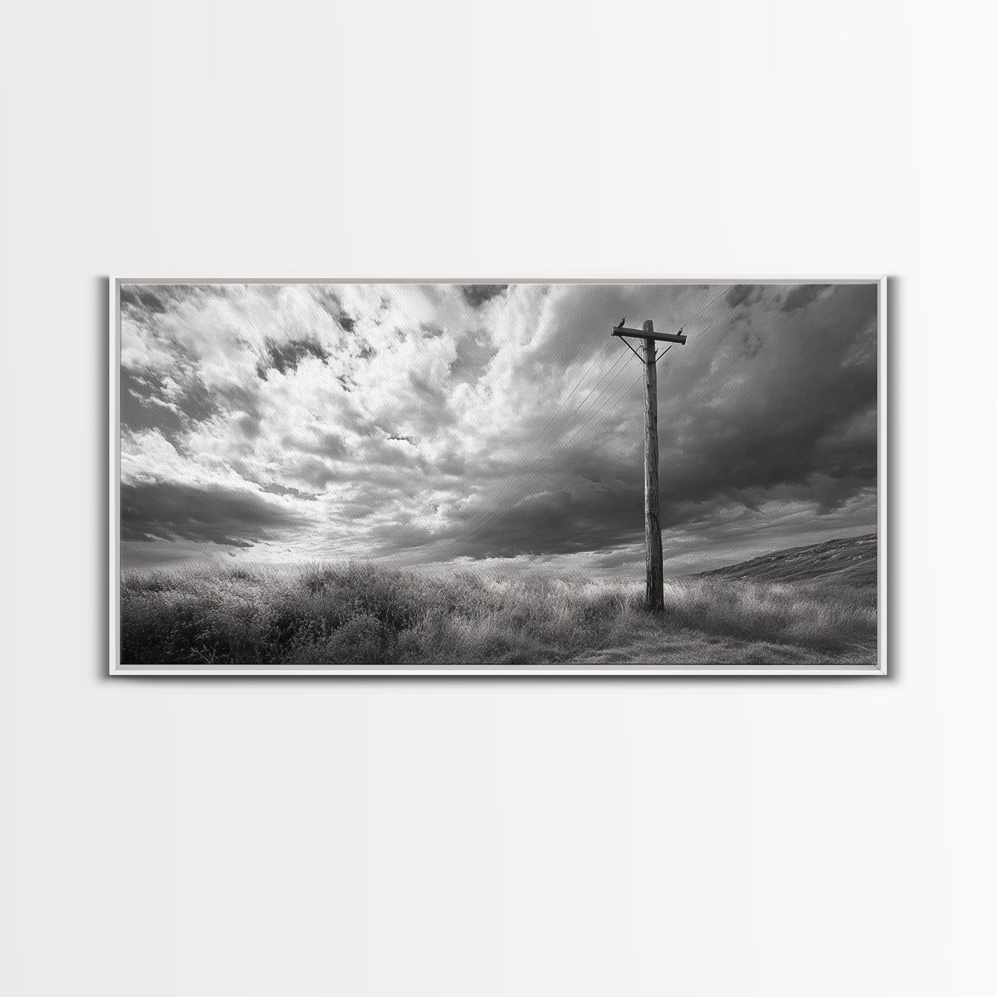 Strommast, ländliche Landschaft, stürmischer Himmel, ländliche Ruhe, gerahmter Leinwanddruck, Wandbild für den Eingangsbereich eines Bauernhauses, rustikaler Schwarz-Weiß-Druck