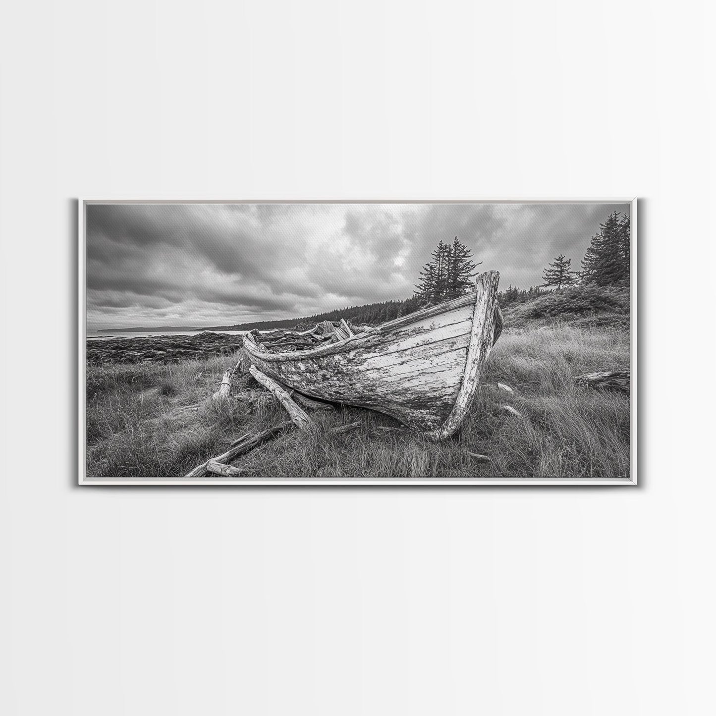 Abandoned Boat, Weathered Vessel, Coastal Forest, Framed Canvas Print, Farmhouse Wall Art, Rustic Cabin Decor, Autumn Vibe, Living Room Art
