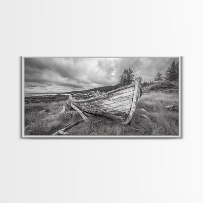 Abandoned Boat, Weathered Vessel, Coastal Forest, Framed Canvas Print, Farmhouse Wall Art, Rustic Cabin Decor, Autumn Vibe, Living Room Art