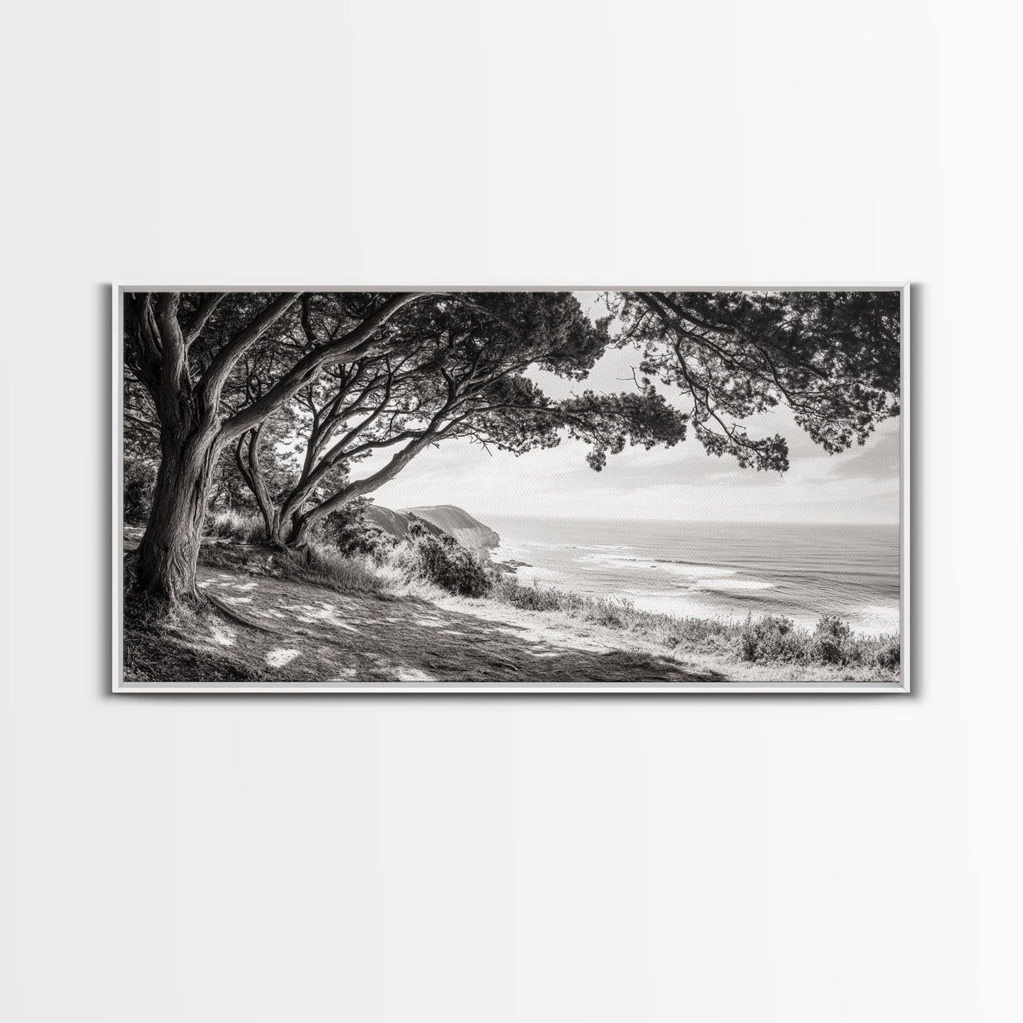 Ocean View, Coastal Trees, Cliffside Vista, Light and Shadows, Framed Canvas Print, landscape wall art, modern beach decor, boho living room