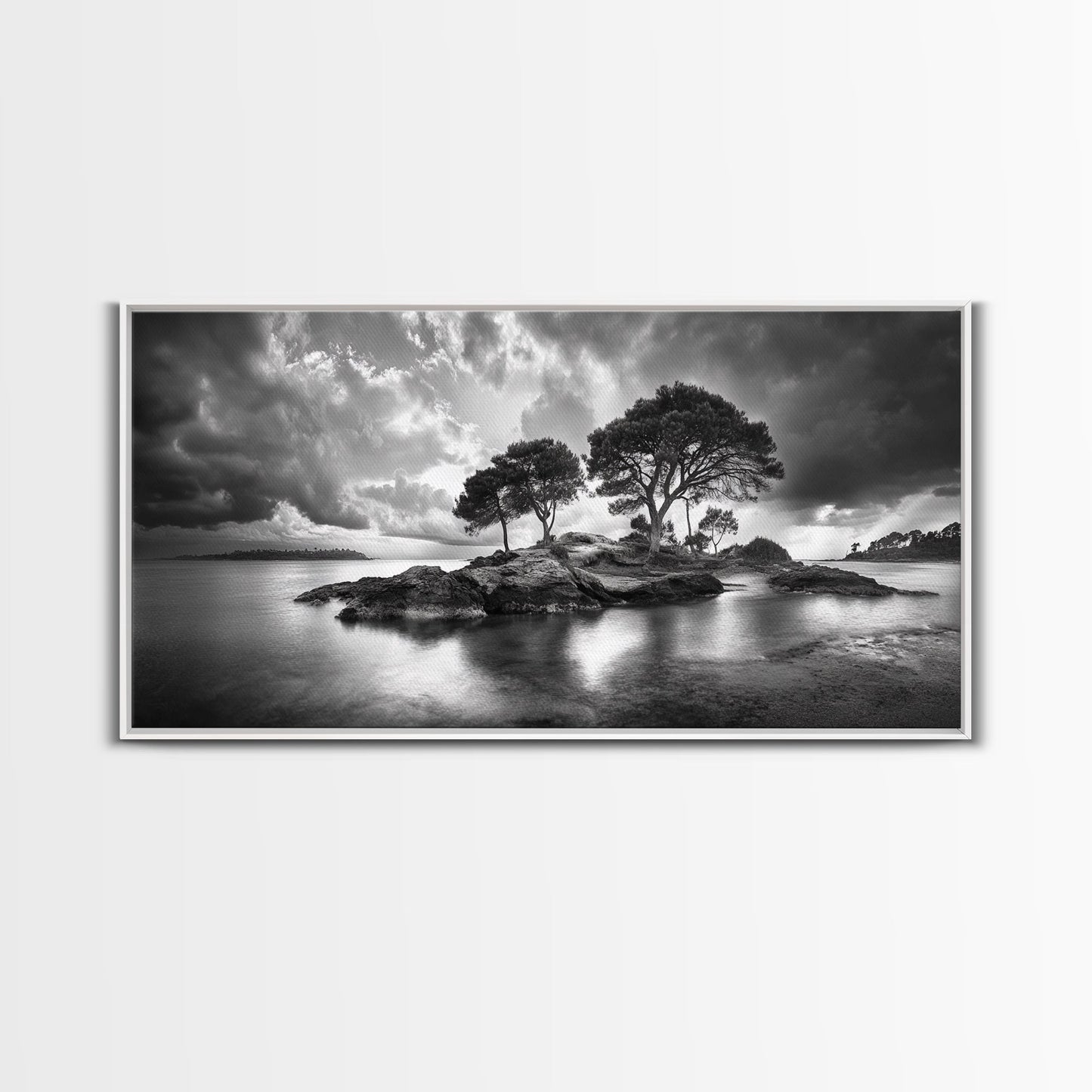 Island Pines, Rocky Shoreline, Peaceful Water, Stormy Sky, Framed Canvas Print, coastal art, rustic nature wall art, neutral living room decor