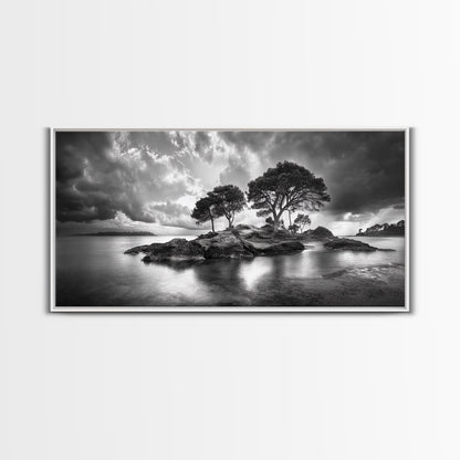 Island Pines, Rocky Shoreline, Peaceful Water, Stormy Sky, Framed Canvas Print, coastal art, rustic nature wall art, neutral living room decor