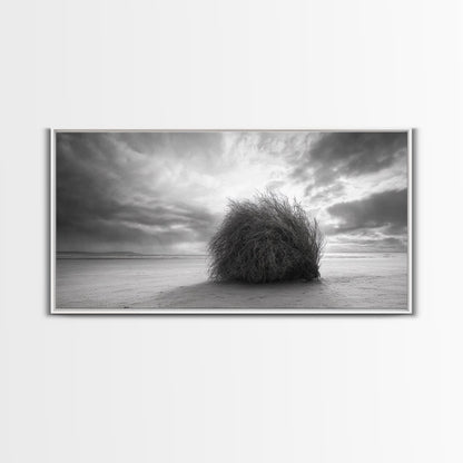 Tumbleweed, Desert Beach, Moody Sky, Solitary Calm, Framed Canvas Print, minimalist desert wall art, western Fall decor, neutral tones