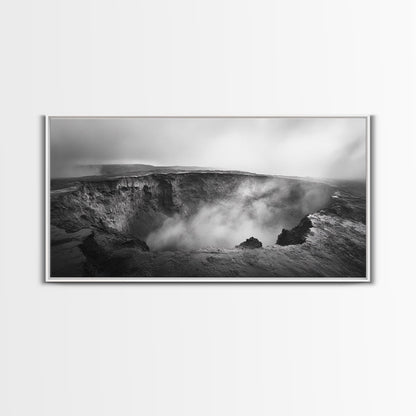 Vulkankrater, rauchige Erde, epische Landschaft, gerahmter Leinwanddruck, ausdrucksstarke Naturkunst, Dekoration fürs Arbeitszimmer, stimmungsvolle Schwarzweißfotografie