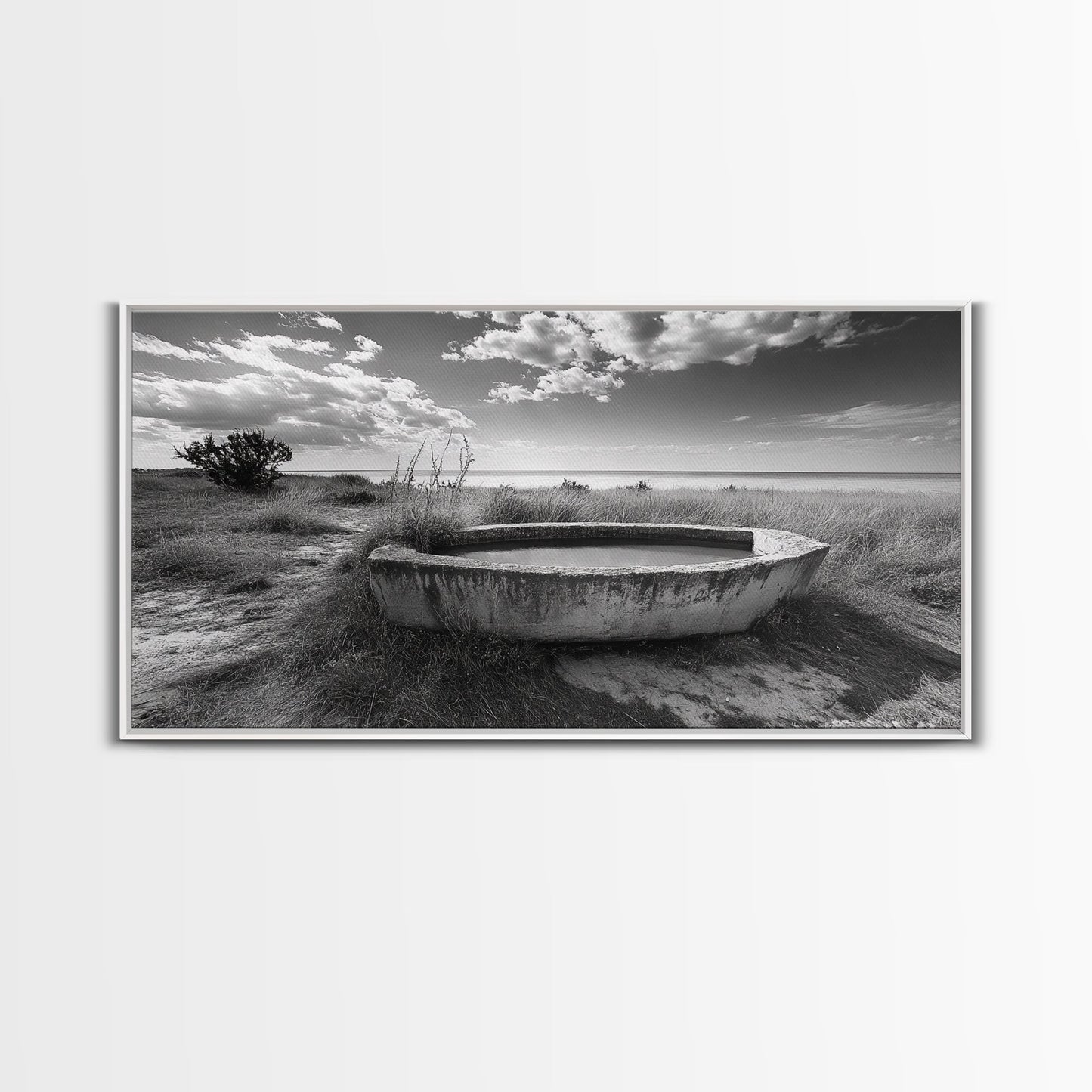 Concrete Trough, Coastal Horizon, Grassy Shoreline, Canvas Print, Rustic Farmhouse Bathroom Art, Minimalist Nature, Fall Beach Wall Decor