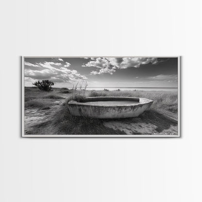 Concrete Trough, Coastal Horizon, Grassy Shoreline, Canvas Print, Rustic Farmhouse Bathroom Art, Minimalist Nature, Fall Beach Wall Decor