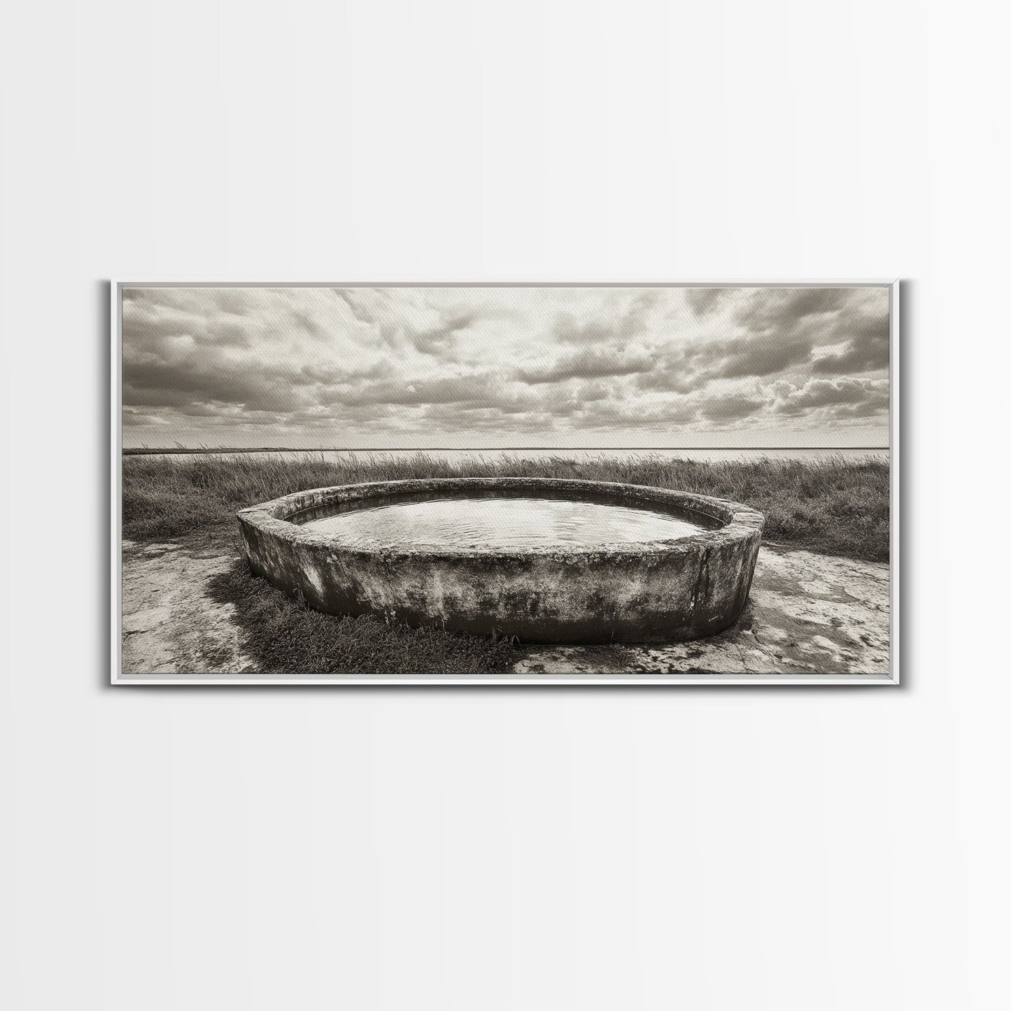 Water Trough, Overcast Skies, Ocean Breeze, Framed Canvas Print, Country Rustic Wall Art, Sepia Toned Fall Decor, Entryway Or Den Art