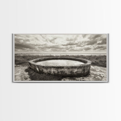 Water Trough, Overcast Skies, Ocean Breeze, Framed Canvas Print, Country Rustic Wall Art, Sepia Toned Fall Decor, Entryway Or Den Art