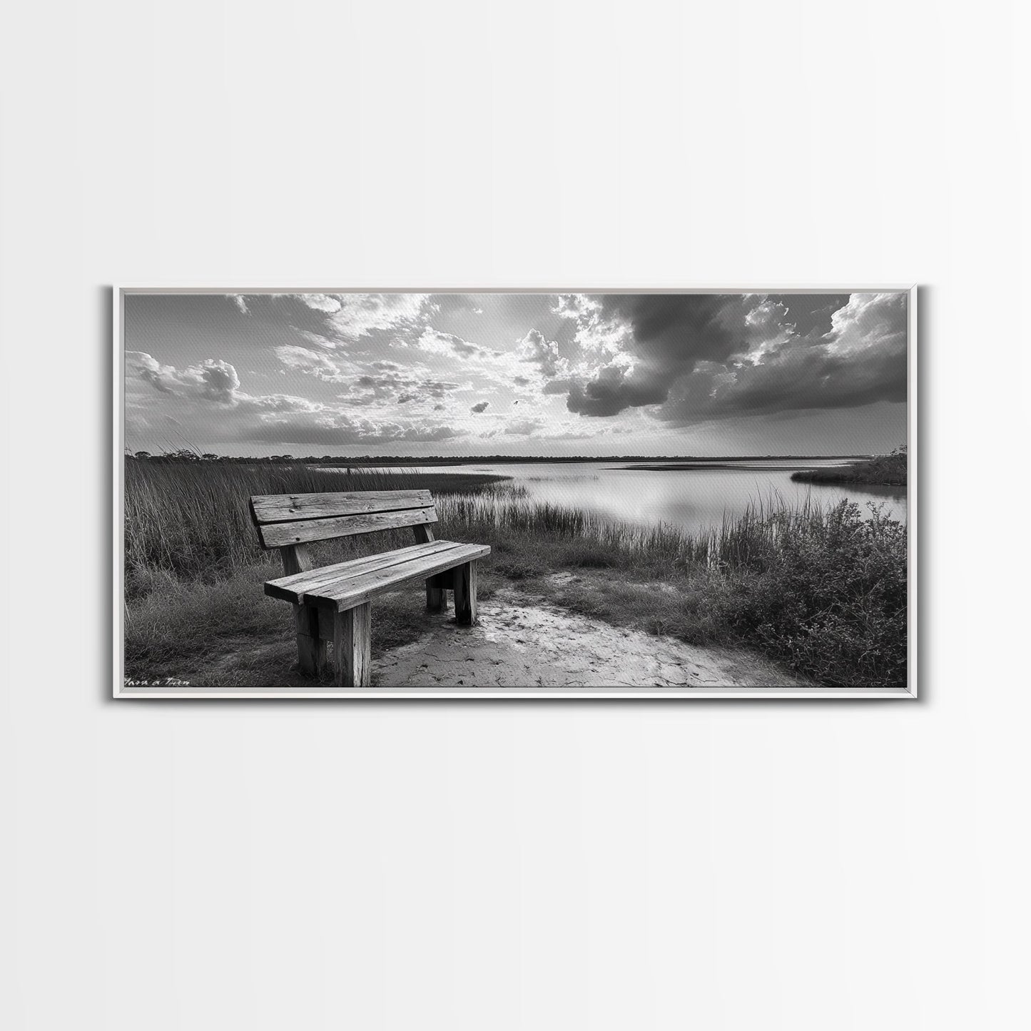 Lakeside Bench, Calm Waters, Sunset View, Canvas Print, Tranquil Nature Photography, Living Room Wall Art, Serene Outdoor Fall Landscape