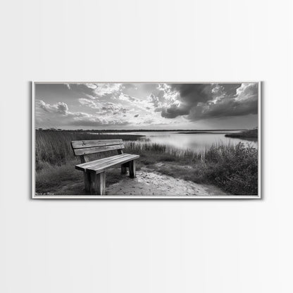 Lakeside Bench, Calm Waters, Sunset View, Canvas Print, Tranquil Nature Photography, Living Room Wall Art, Serene Outdoor Fall Landscape