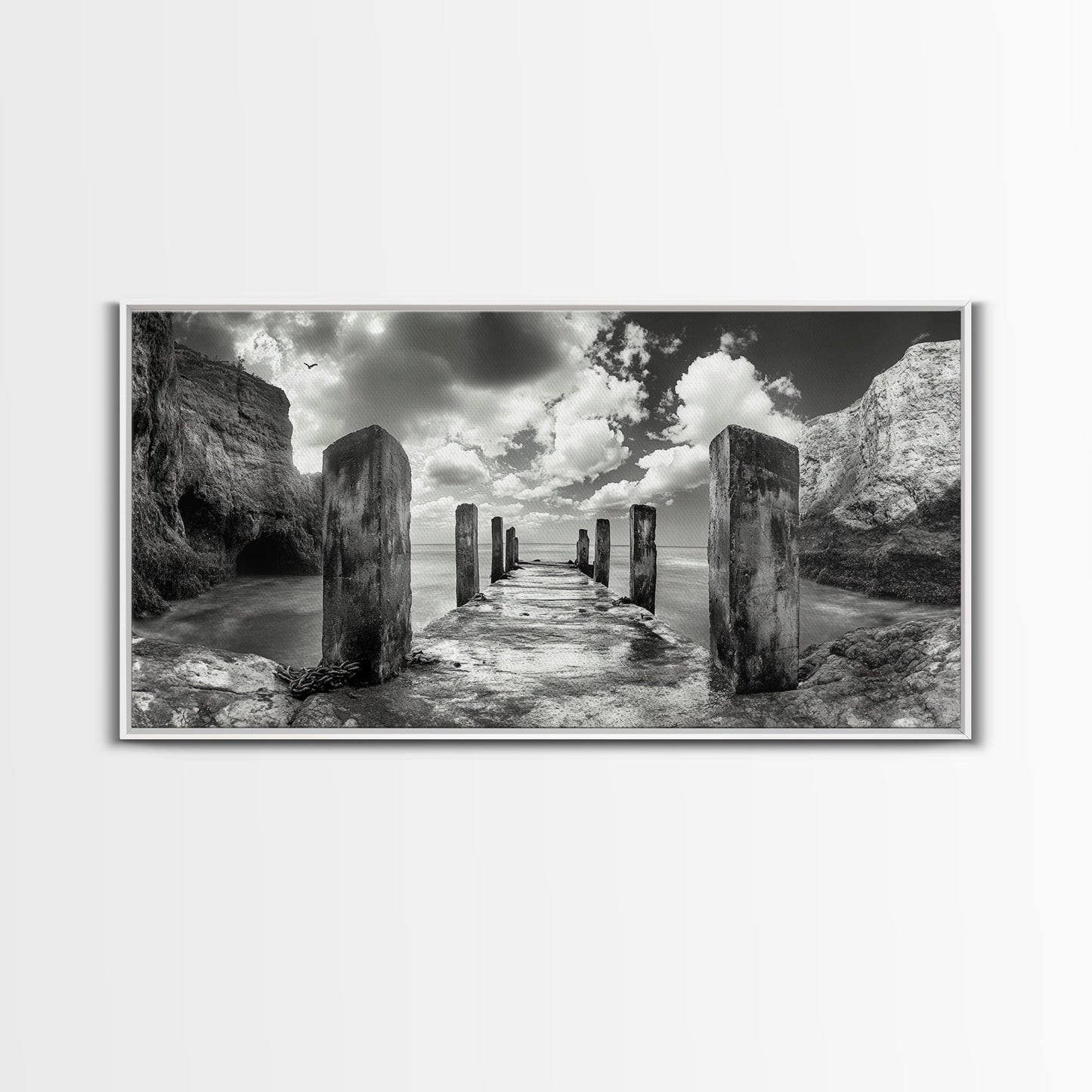 Ocean Pier, Seaside Dock, Crashing Waves, Canvas Print, Dramatic Coastal Wall Art, Black And White Decor, Bathroom Or Hallway Photography