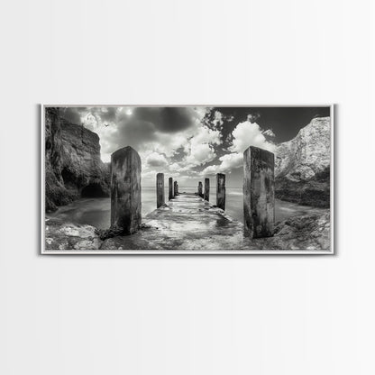 Ocean Pier, Seaside Dock, Crashing Waves, Canvas Print, Dramatic Coastal Wall Art, Black And White Decor, Bathroom Or Hallway Photography