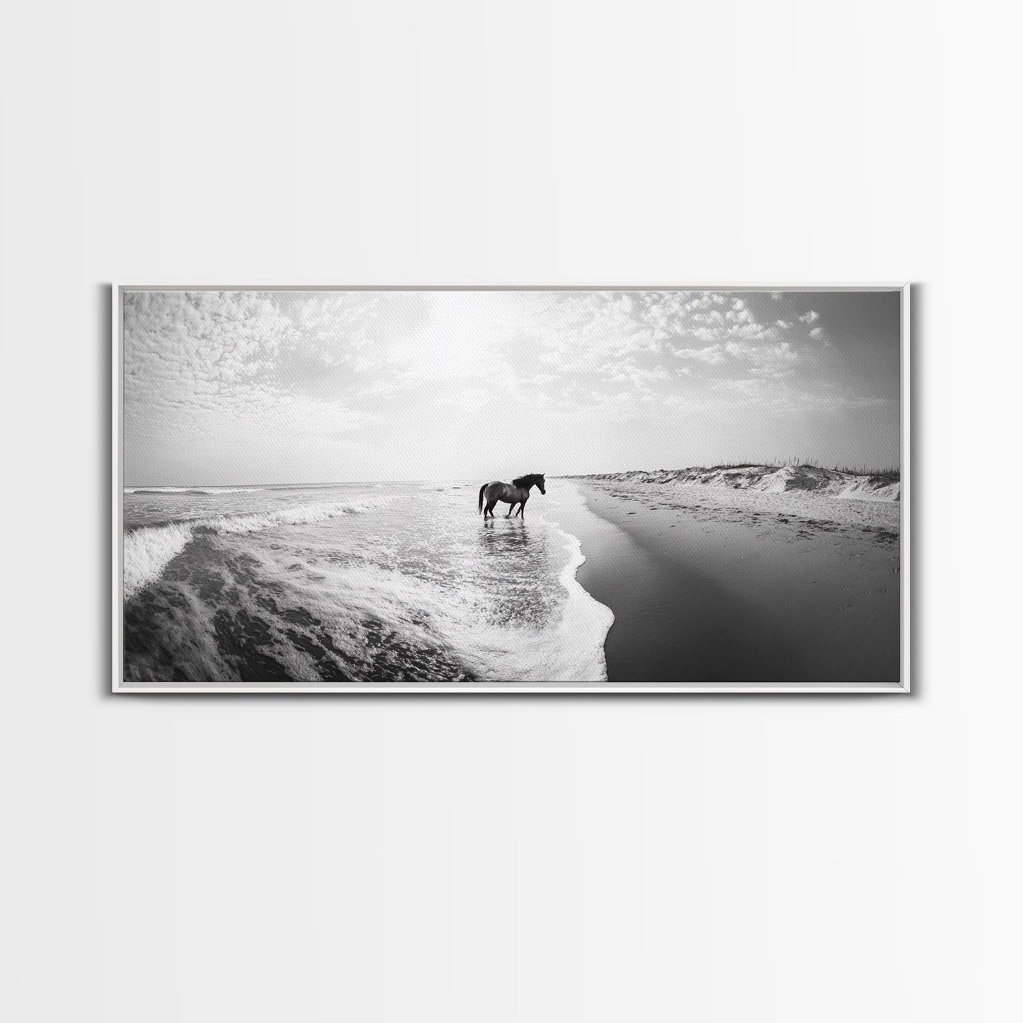 Wild Horse Beach, Coastal Nature Art, Minimalist Animal Photography, Serene Landscape, Neutral Bedroom Decor, Framed Canvas Print