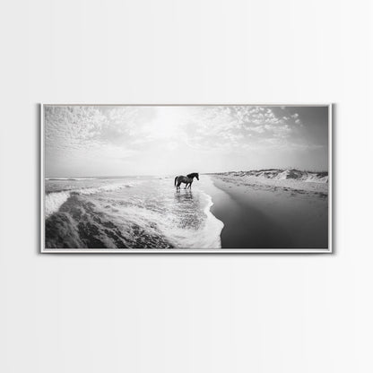 Wild Horse Beach, Coastal Nature Art, Minimalist Animal Photography, Serene Landscape, Neutral Bedroom Decor, Framed Canvas Print