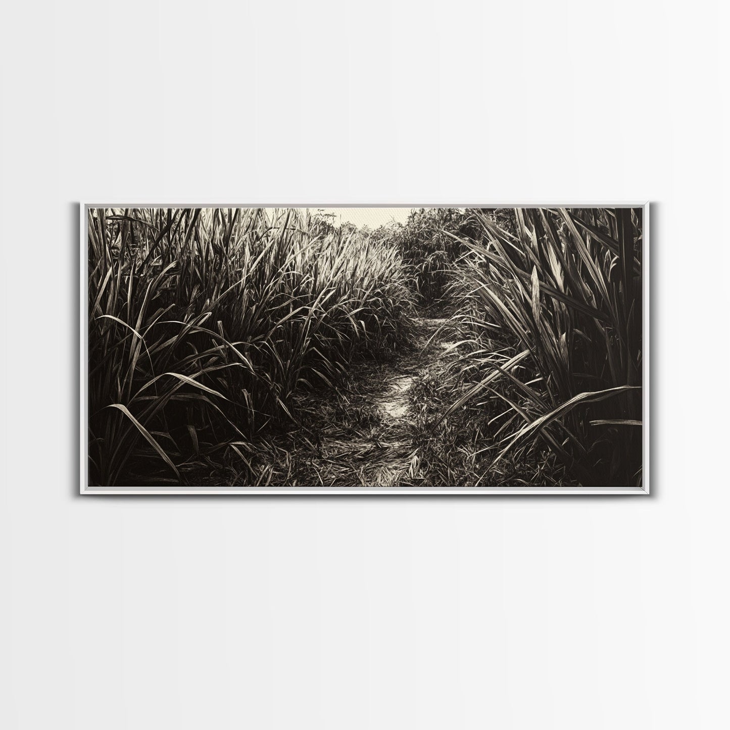 Grasbewachsener Pfad, Naturmotiv, Rustikale Landschaft, Naturnahe Wohndekoration, Herbstliche Flurkunst, Gerahmter Leinwanddruck