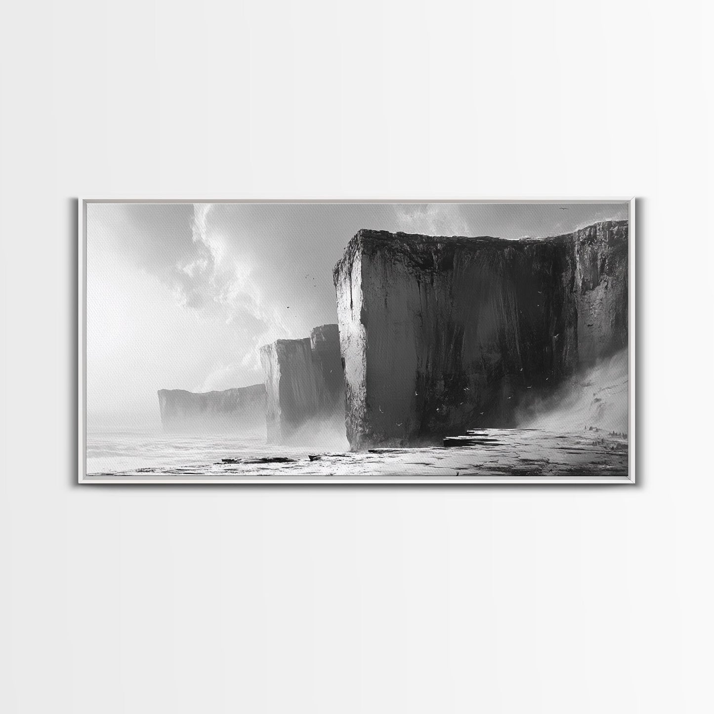 Ocean Cliffs, Towering Rock, Misty Coast, Rugged Seascape, Canvas Print, Moody Wall Art, Office Decor, Dramatic Landscape, Office Decor