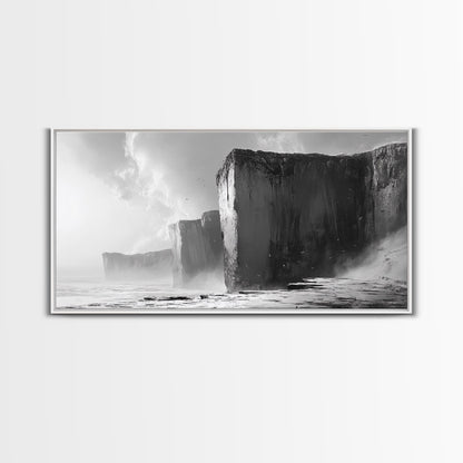 Ocean Cliffs, Towering Rock, Misty Coast, Rugged Seascape, Canvas Print, Moody Wall Art, Office Decor, Dramatic Landscape, Office Decor