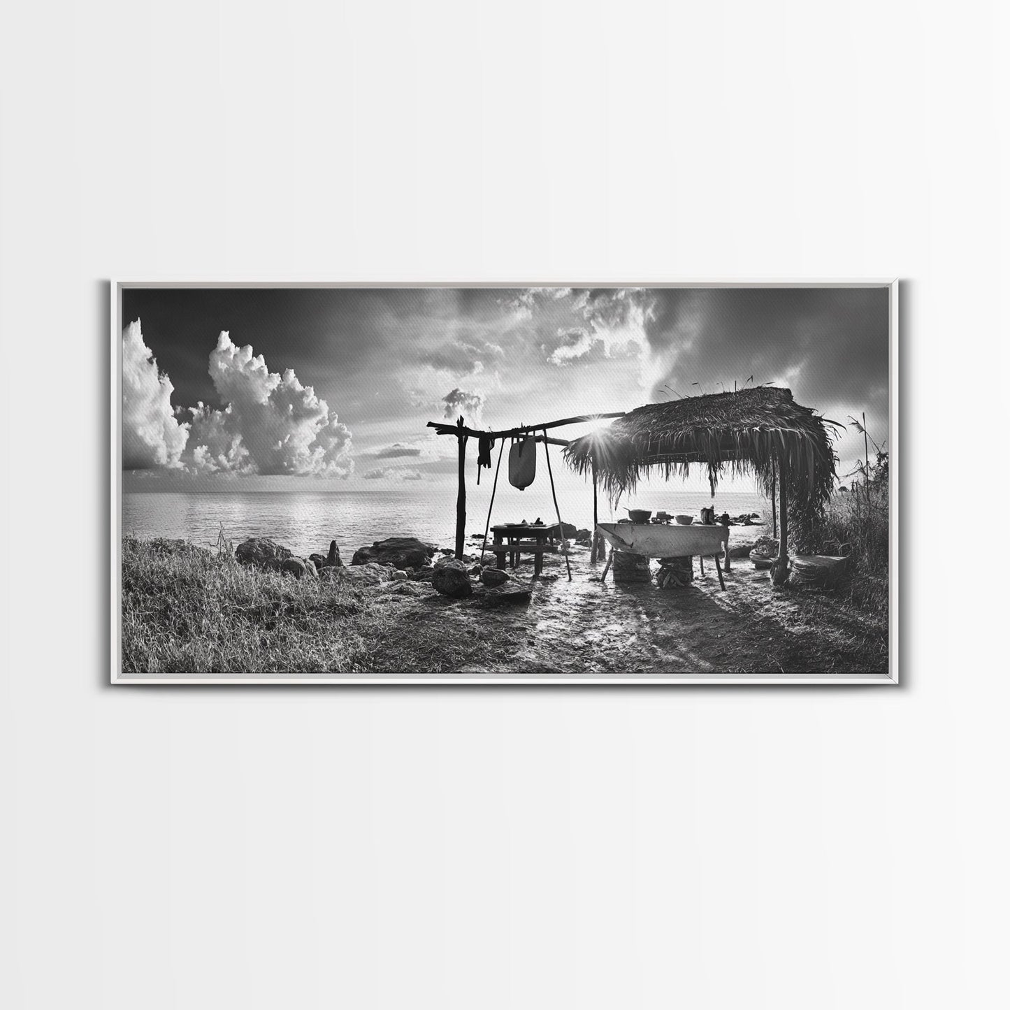 Beach Shack, Driftwood Table, Seaside Shelter, Sun Rays, Canvas Print, Rustic Coastal Art, Boho Decor, Dining Room Wall Art, Cabin Wall Art