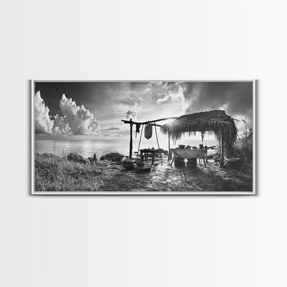 Beach Shack, Driftwood Table, Seaside Shelter, Sun Rays, Canvas Print, Rustic Coastal Art, Boho Decor, Dining Room Wall Art, Cabin Wall Art