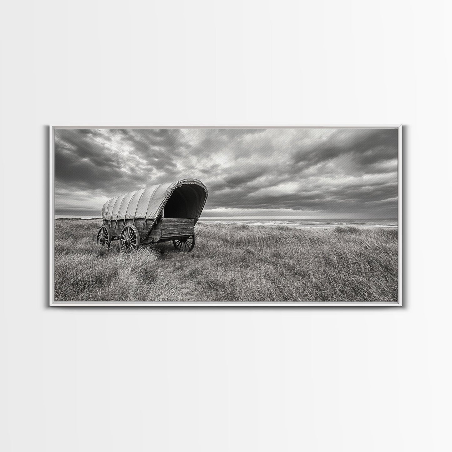 Prairie Wagon, Coastal Grass, Covered Cart, Western Landscape, Framed Canvas Print, Rustic Fall Art, Living Room Wall Decor