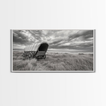 Prairie Wagon, Coastal Grass, Covered Cart, Western Landscape, Framed Canvas Print, Rustic Fall Art, Living Room Wall Decor