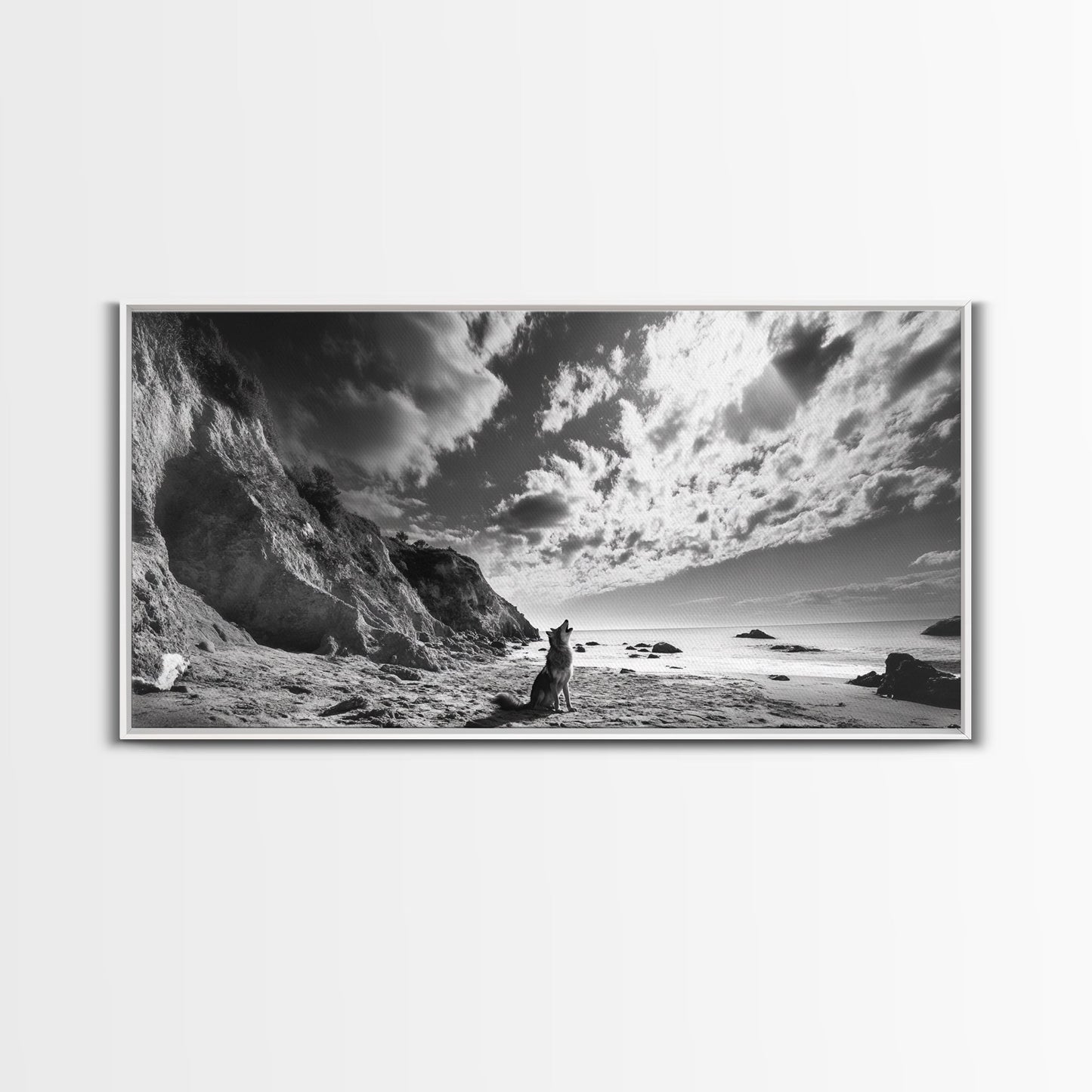 Howling Dog, Seaside Cliffs, Cloudy Sky, Wild Beach, Canvas Print, Nature Animal Art, Rustic Fall Wall Decor, Entryway Accent, Bedroom Wall Art